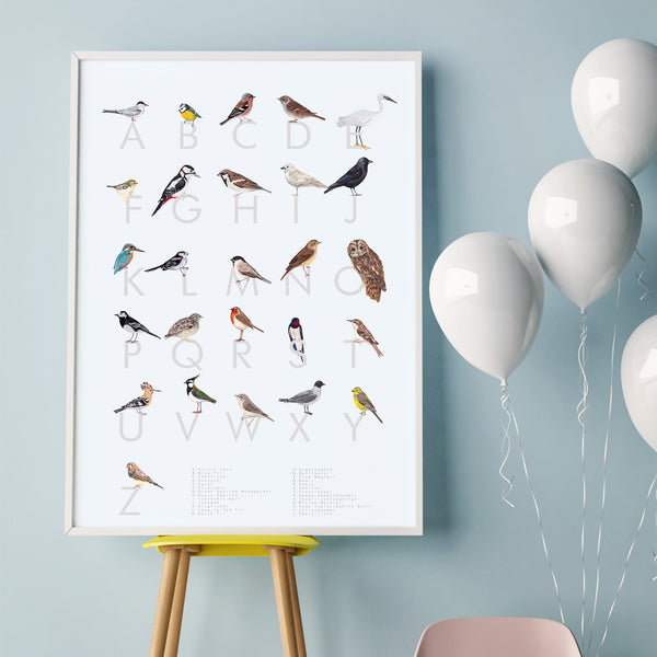 An A-Z guide of British Birds! A digital print on archival paper.Light grey background, with each bird sitting on top of a dark grey letter of the alphabet. British Garden birds including a robin, an owl a woodpecker, a swallow and a long tailed tit. A perfect gift for a birds and wildlife lover or twitcher   