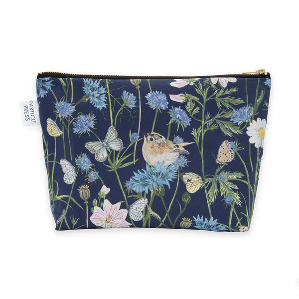 Bright and colourful bird and floral wash bag. Ideal for holidays, an excellent gift for anyone that loves birds and nature, or lives in the countryside. Navy blue with white waterproof lining. Original paintings are used to create this pattern, including Goldcrests, 17 different types of British Butterflies, Cornflowers, thistles, common mallow, cosmos and poppies.
