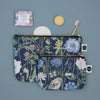 Bright and colourful bird and floral wash bag. Ideal for holidays, an excellent gift for anyone that loves birds and nature, or lives in the countryside. Navy blue with white waterproof lining. Original paintings are used to create this pattern, including Goldcrests, 17 different types of British Butterflies, Cornflowers, thistles, common mallow, cosmos and poppies.